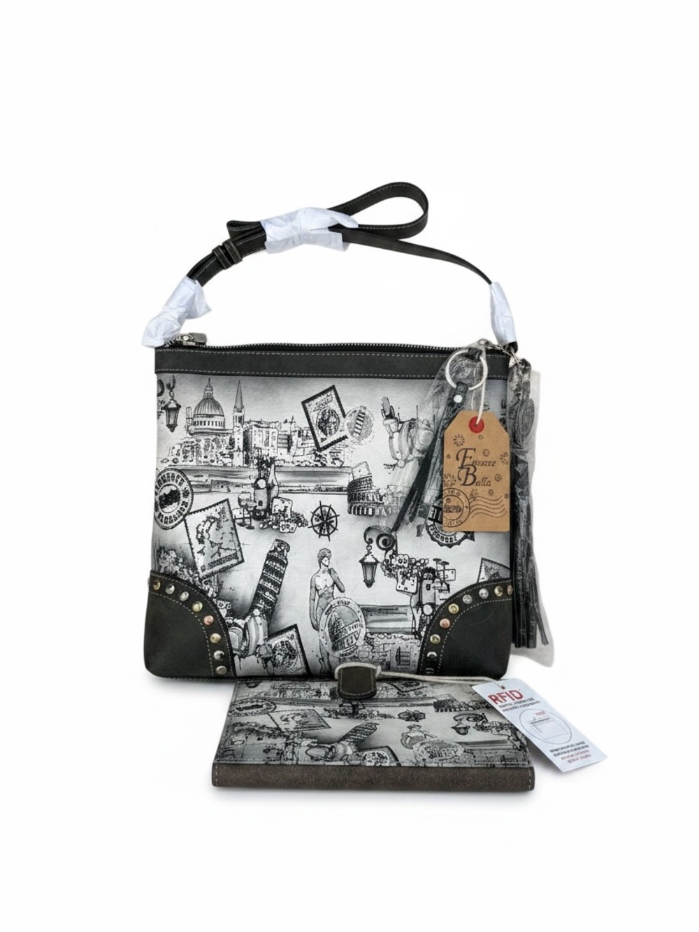 NWT Firenze Bella Black & White Italian-landmark print Crossbody and wallet